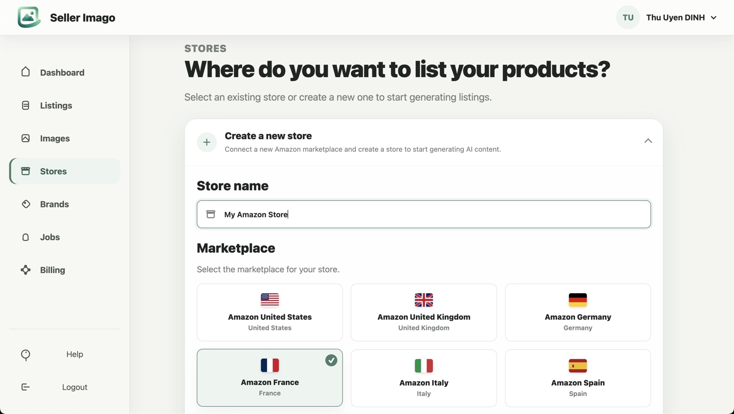 Écran de création de boutique Seller Imago : choix de la marketplace Amazon