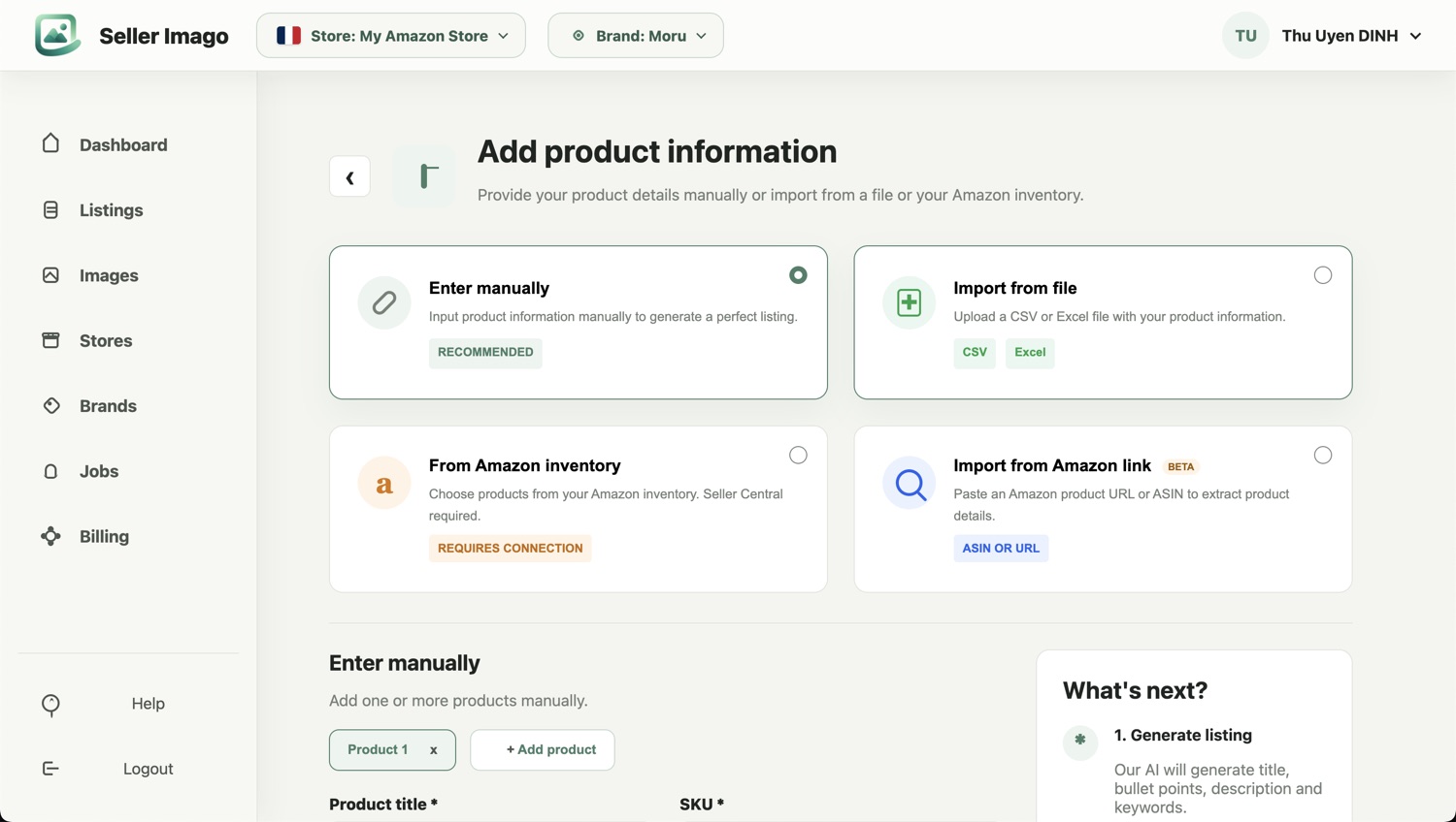 Ajout des informations produit : saisie manuelle, import de fichier, inventaire Amazon ou lien Amazon