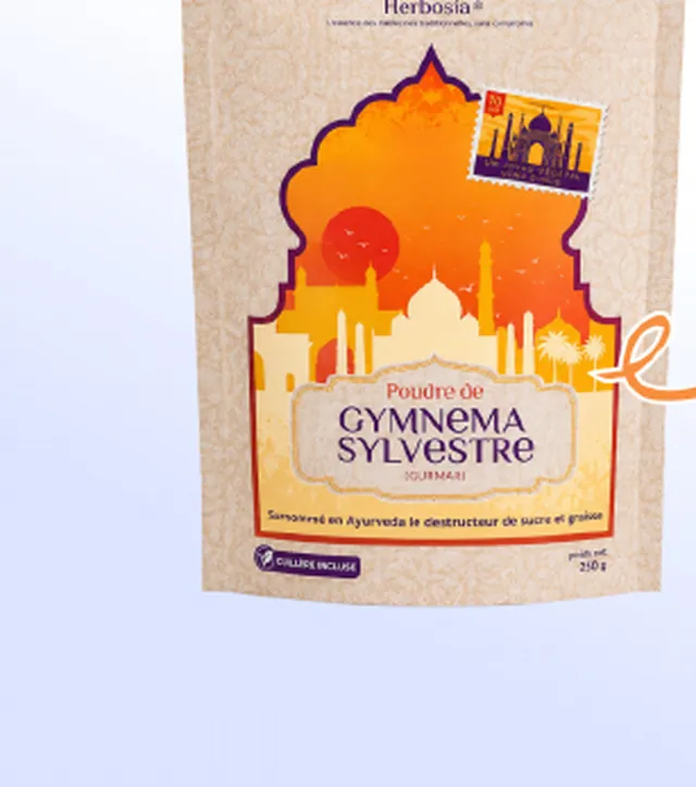 Fiche d'origine : sachet de poudre de Gymnema Sylvestre sur fond blanc